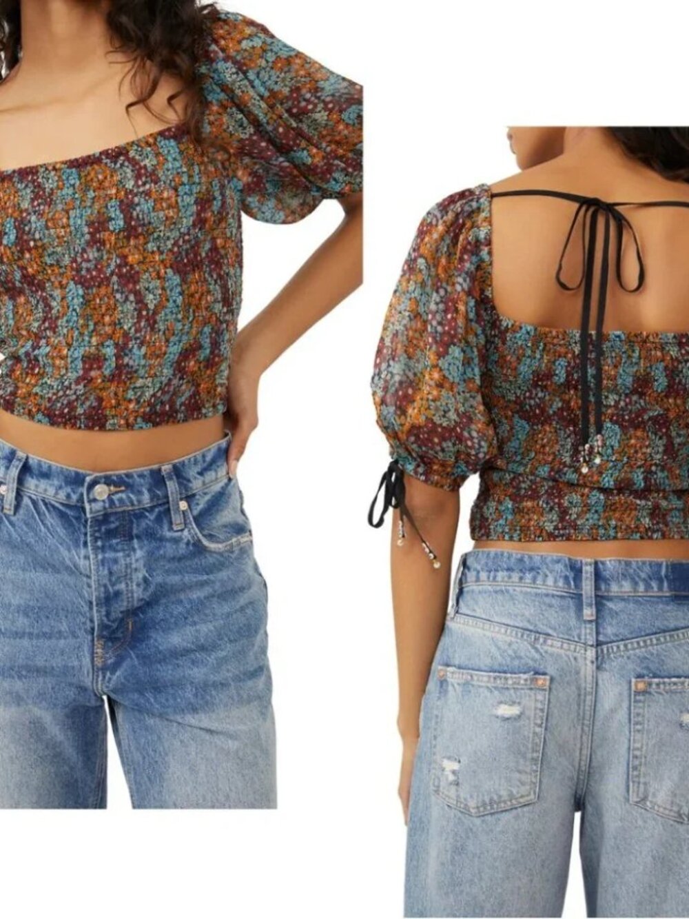 Free People Floral Smocked Off-Shoulder Crop Top - Size XS